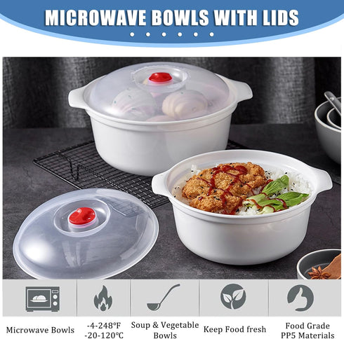 Microwave Bowls with Lids, Plastic Mixing Bowls Microwave Safe for Heating Food, BPA Free Kitchen Cookware