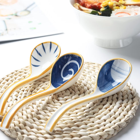 Soup Spoon Set of 4, Japanese and Korean Curved Handle Ceramic Ramen Spoons for Pho, Miso, Salad