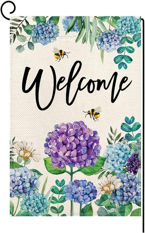 Welcome Summer Geranium Hydrangea Garden Flag Double Sided 12x18 Inch Flower Seasonal Outdoor Decoration (B)