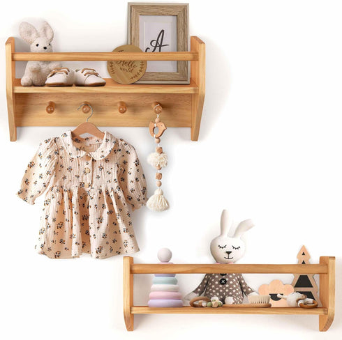 BINGY Nursery Book Shelves - Set of 2 Wall Shelves with Hooks for