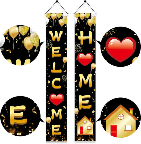Welcome Home Door Banner Decoration, Black Gold Welcome Back Home Porch Banner for Outdoor Party Supplies