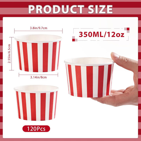 120Pcs 12 oz Summer Grencian Red Ice Cream Cups Disposable Red and White Stripes Paper Dessert Snack Bowls BBQ Yogurt
