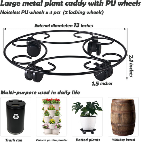 3 Packs 12.8" Metal Plant Caddy With Wheels - Large Rolling Stands Heavy-Duty Wrought Iron Roller Base Pot Movers