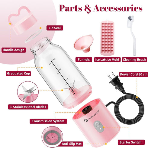 Portable Personal Blender 17OZ/500ML, 175W Juicer for Smoothies, Ice Blending, Food Processing, Compact, Versatile