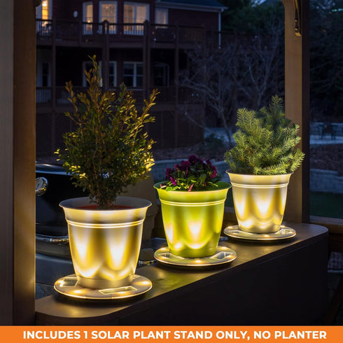 (77i50265) Gama Sonic Illuminated Plant Stand for Outdoor, Solar Power, White Base for Exterior Potted Plants
