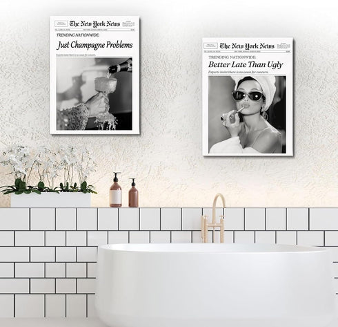 hottaacanvas 12x16 Champagne Problems Newspaper Framed Wall Art,Trendy Retro Black and White Wall Art for Bar Cart