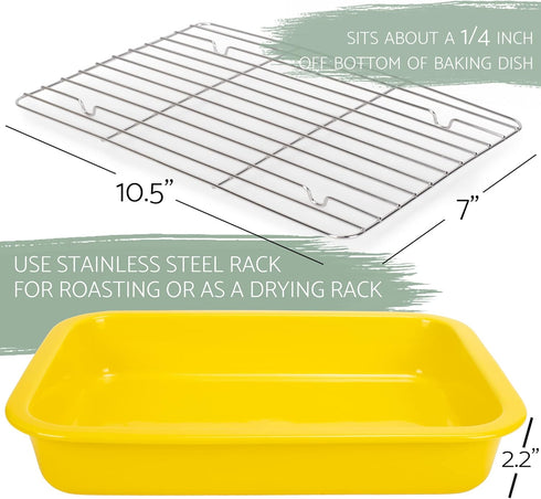 Elanze Designs Large 13 Inch Stoneware Baking Dish with Stainless Steel Rack, Yellow