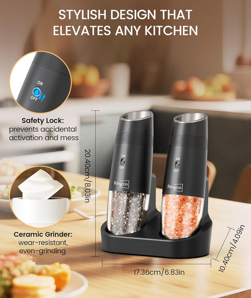 Set 135ml Ringco Gravity Electric Salt and Pepper Grinder with Charging Base, Automatic Gravity Salt and Pepper Mill