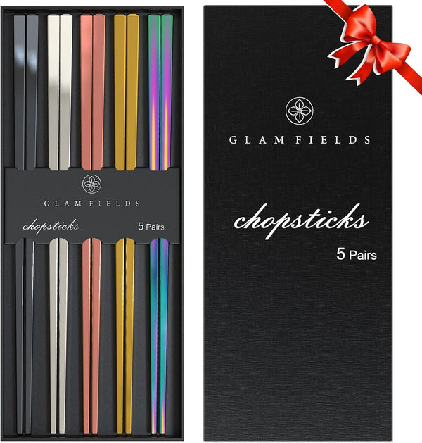 GLAMFIELDS Reusable Metal Chopsticks, Dishwasher Safe Stainless Steel Japanese Style, 5 Pairs Gift Set