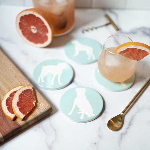 Greenline Goods Boxer Lovers Ceramic Drink Coasters, Set of 4 Dog Coasters with Cork Bottom and Metal Stand