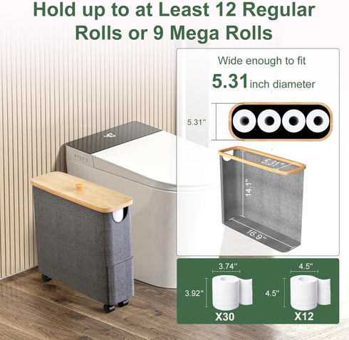 9 1 Pack Bamboo Toilet Paper Storage with Lid and Wheels, Bathroom Toilet Storage Basket with Handle, Paper Storage