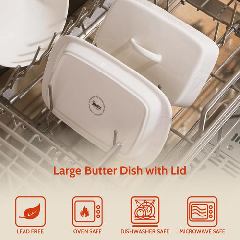 Sweese Large Butter Dish with Lid for Countertop, 8oz Porcelain Butter Keeper with Handle Cover Design, White