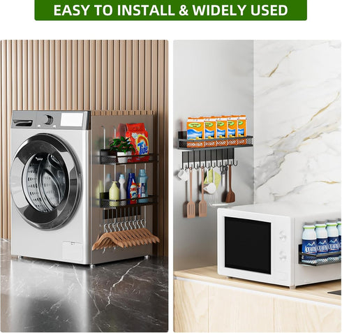 Magnetic Spice Rack for Refrigerator, 3 Pack Moveable Magnetic Shelf with 10-Hook Rack for Kitchen Organizers