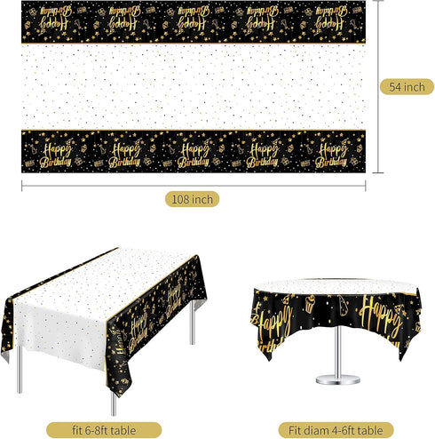 Ruisita 2 Pack Black Gold Table Cloth Cover, Happy Birthday Tablecloths for Indoor or Outdoor Parties