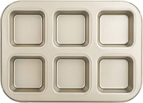 Beasea Brownie Pan, 6 Cavity Gold Nonstick Square Mini Brownie Muffin Cake Pan, Cheesecake Bakeware
