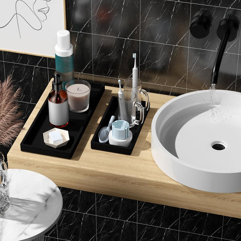 BBK Bathroom Vanity Tray, 2 Pack Silicone Bathroom Tray for Counter, Perfume Key Trinket Ring Tray, Black