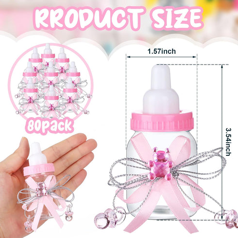 PINKXHY 80 3.5 Inch Pcs Baby Mini Milk Bottle Baby Shower Favor with Small Plastic Bear Candy Bottle with Ribbon