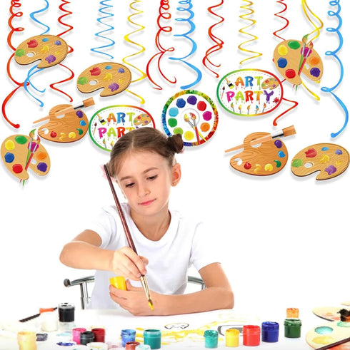 30Ct Art Hanging Swirl Decorations, Sip n Paint Party Supplies, Little Painting Artist Birthday Theme Decor