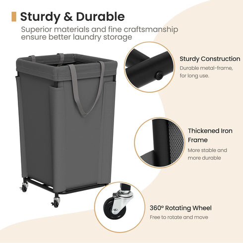 160L Laundry Basket with Wheels, Large Laundry Hamper with Removable Bag and Steel Frame, Rolling Dirty Clothes Basket