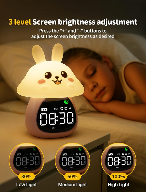 MASHI Mushroom Bunny Alarm Clock, Toddler Sleep Training Clock with Sun & Moon, Sleep Sound Machine, Night Lights