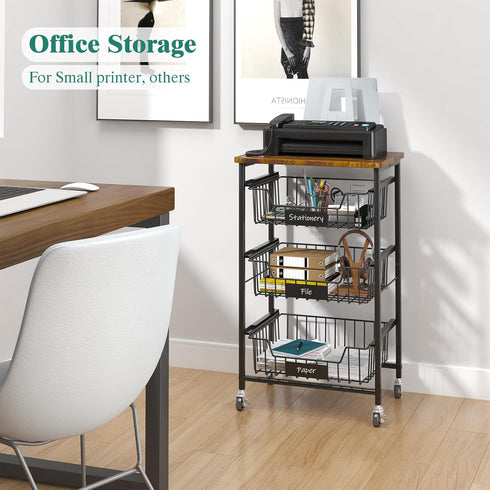 Kitchen Storage Cart with Wheels - 4-Tier Metal Utility Rolling Cart with Wood Top & Pull Out Baskets