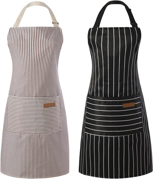 Tosewever 2 Pieces Kitchen Cooking Aprons, Adjustable Bib Aprons with 2 Pockets for Women Men, Black/Brown