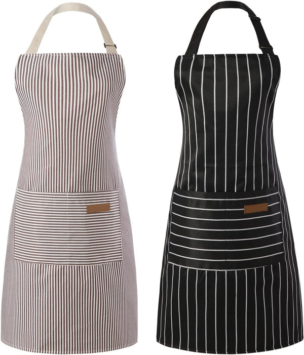 Tosewever 2 Pieces Kitchen Cooking Aprons, Adjustable Bib Aprons with 2 Pockets for Women Men, Black/Brown