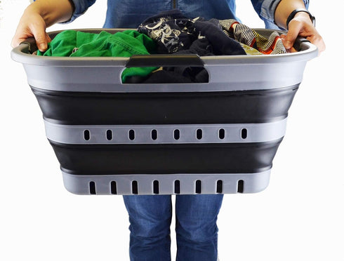 SAMMART 30L (8 Gallon) Collapsible Plastic Laundry Basket - Foldable Pop Up Storage Container (Grey/Black)