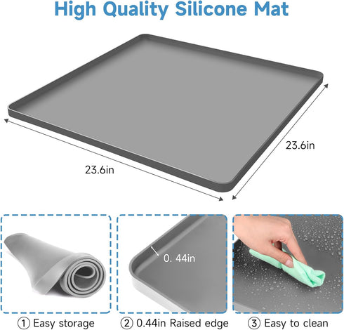 Grey Mini Fridge Silicone Mat with Raised Edges, 24''x24''x0.5'', Prevent Water Leakage, Moldy and Floor Damage from Elecrical Equipment such as Washing Machines, Dryer, Mini Fridge, Wine Cabinet.