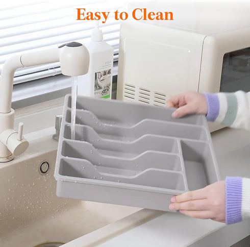 Lifewit Silverware Organizer with Lid, Covered Utensil Tray for Kitchen Drawer, 6 Compartments, Gray Plastic Cutlery