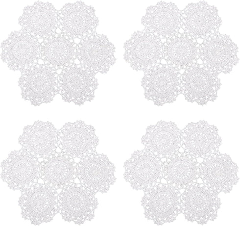 kilofly Crochet Cotton Lace Table Placemats Doilies, 4pc, White, Blossoms, 10 inch
