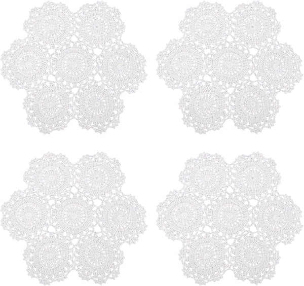 kilofly Crochet Cotton Lace Table Placemats Doilies, 4pc, White, Blossoms, 10 inch