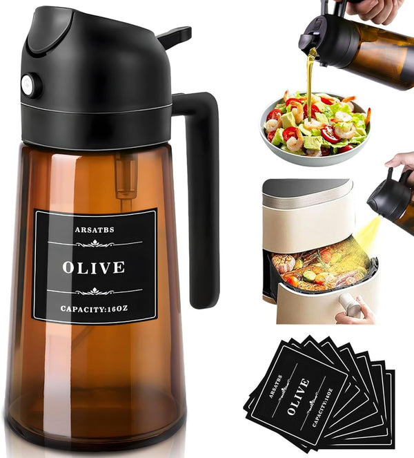 16oz/470ml Olive Oil Sprayer for Cooking, 2 in 1 Oil Dispenser Bottle
