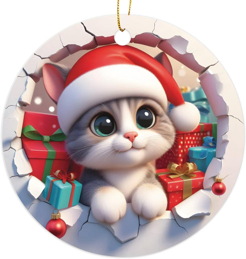 3D Cute Cat in Santa Hat Christmas Ornament - Fun 2023 Xmas Tree Decoration - 3" Round PVC Ornament Printed in USA
