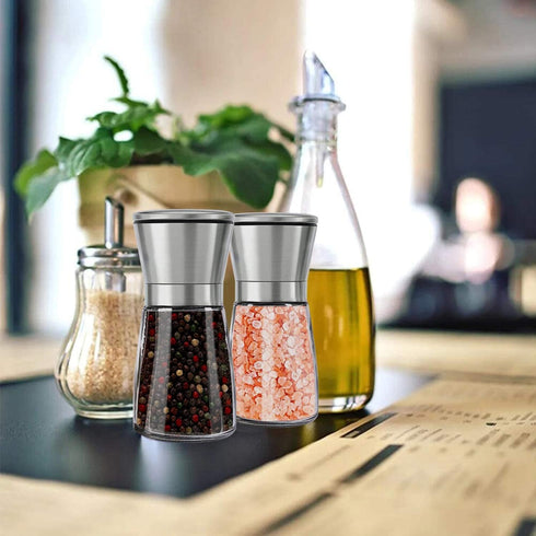 Herda 304 Brushed Stainless Steel Salt and Pepper Grinder - Adjustable Ceramic Shaker, Tall Glass Mill (2Pcs)