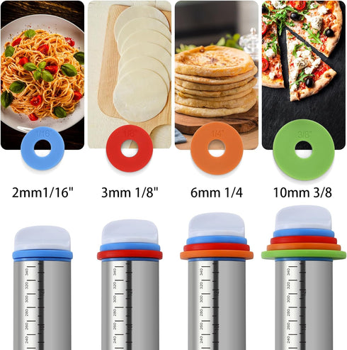 Rolling Pin 3-Piece Set, 17.5" Adjustable Thickness Rings, Stainless Steel Dough Roller for Baking