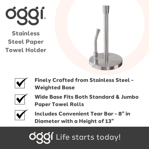 OGGI Stainless Steel Paper Towel Holder, 13" Height, with Tension Arm and Tear Bar