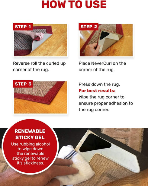 NeverCurl 8PK Rug Corner Grippers - Prevent Curling and Slipping, Easy Lift Design
