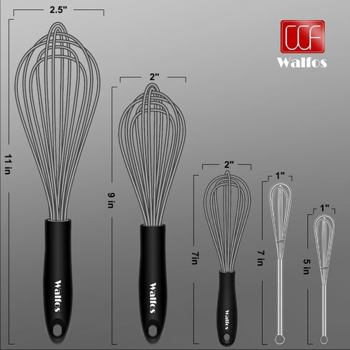 Walfos Whisk, Silicone Whisks Set of 5, Mini Stainless Steel Whisk and Non Scratch Coated Whisks for Blending