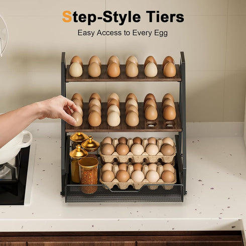 Wolera 3-Tier Countertop 36+90 Countertop 150+ Wooden Fresh Egg Holder With Basket for Eggs, Storage for with Carry
