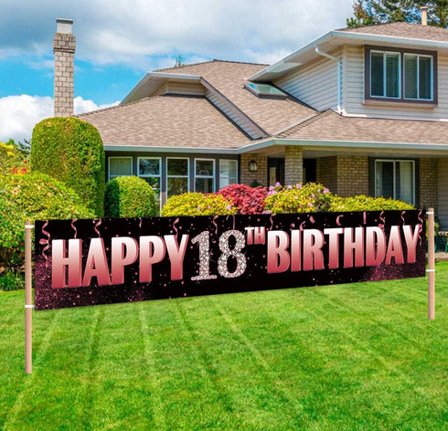 Large 18th Birthday Yard Sign Banner, Happy 18 Years Old Party Supplies Decorations, Black Pink Rose Gold (9.8 x 1.6 ft)