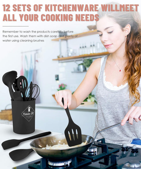 Kitchen Utensils Set - 12 Pieces Silicone Cooking Utensils Set, Dishwasher Safe, 392°F Heat Resistant Nonstick Spatula