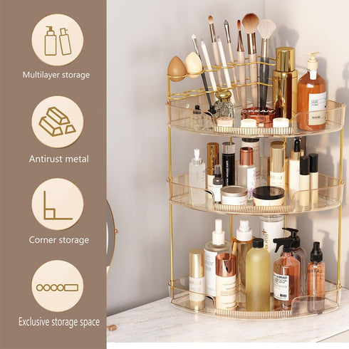 3-Tier Counter Countertop FELIZHOUSE Corner Bathroom Organizer, Bathroom Shelf Makeup & Skincare Storage with Brush