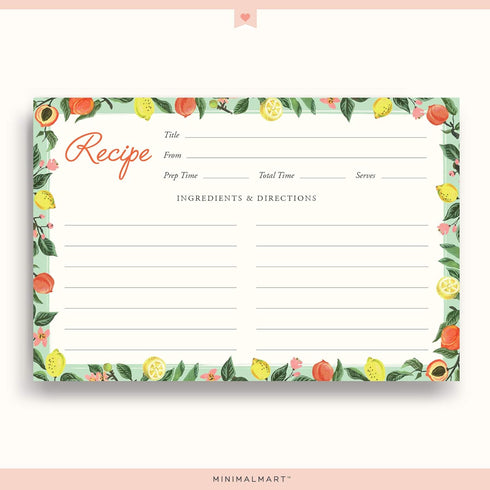 Lemon & Peach Recipe Cards - 4" x 6" Thick Premium Card Stock, Set of 50 for Recipe Box or Binder