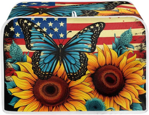 Sunflower Butterfly Print Toaster Cover, 2 Slice, Washable American Flag Kitchen Appliance Protector, Anti-dust Bread