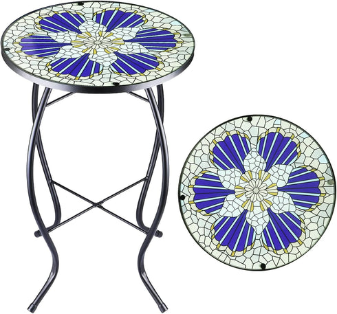 Arbuxzuy 12 Inch Small Outdoor Side Table with Blue Morning Glory, Glass