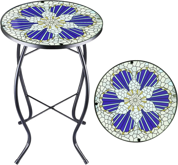 Arbuxzuy 12 Inch Small Outdoor Side Table with Blue Morning Glory, Glass