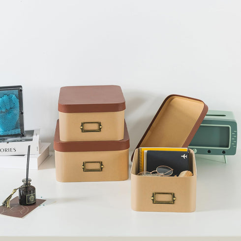 Soul & Lane Kraft Decorative Boxes - Set of 3, Cardboard with Light Leather Lids, Bronze Label Holders for Home Decor