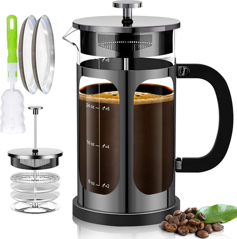 French Press Coffee Maker (34oz, 1 Quart, 5-6 Cup) with 4 Filters, Heat Resistant Borosilicate Glass, Cold Brew Gifts