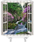 Waterfall Shower Curtain, Nature Green Forest Pink Purple Floral Landscape Bathroom Decor Fabric Curtain with Hooks